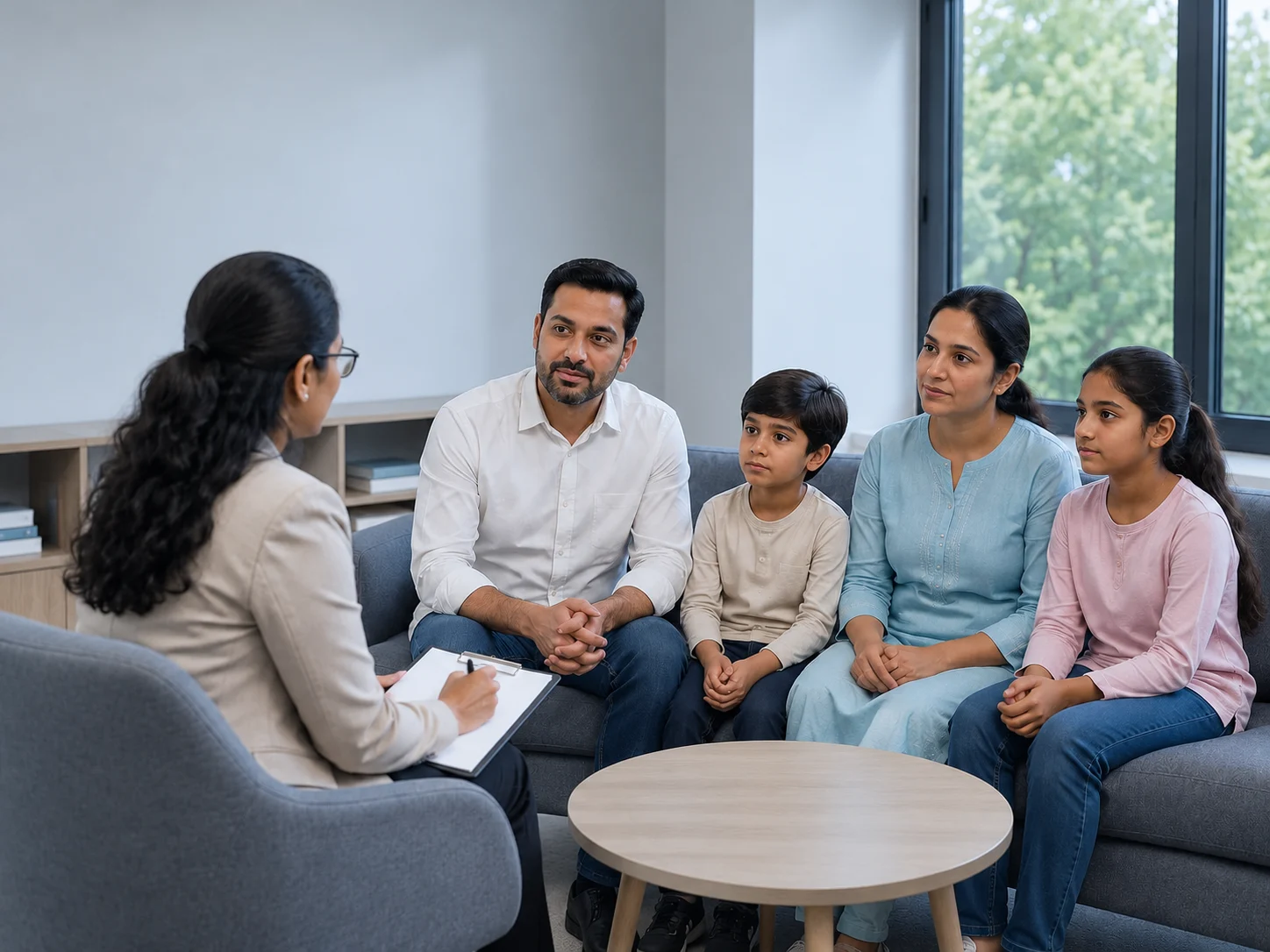 A family therapy session with a counsellor and relatives