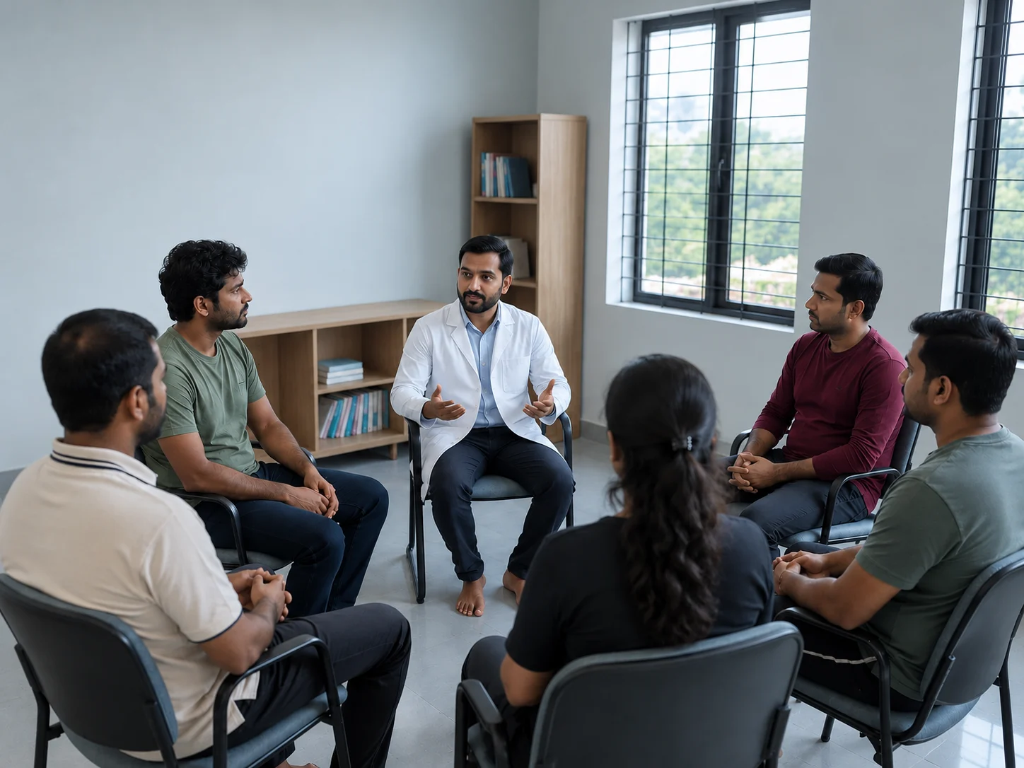 Residents seated in a facilitated group therapy circle