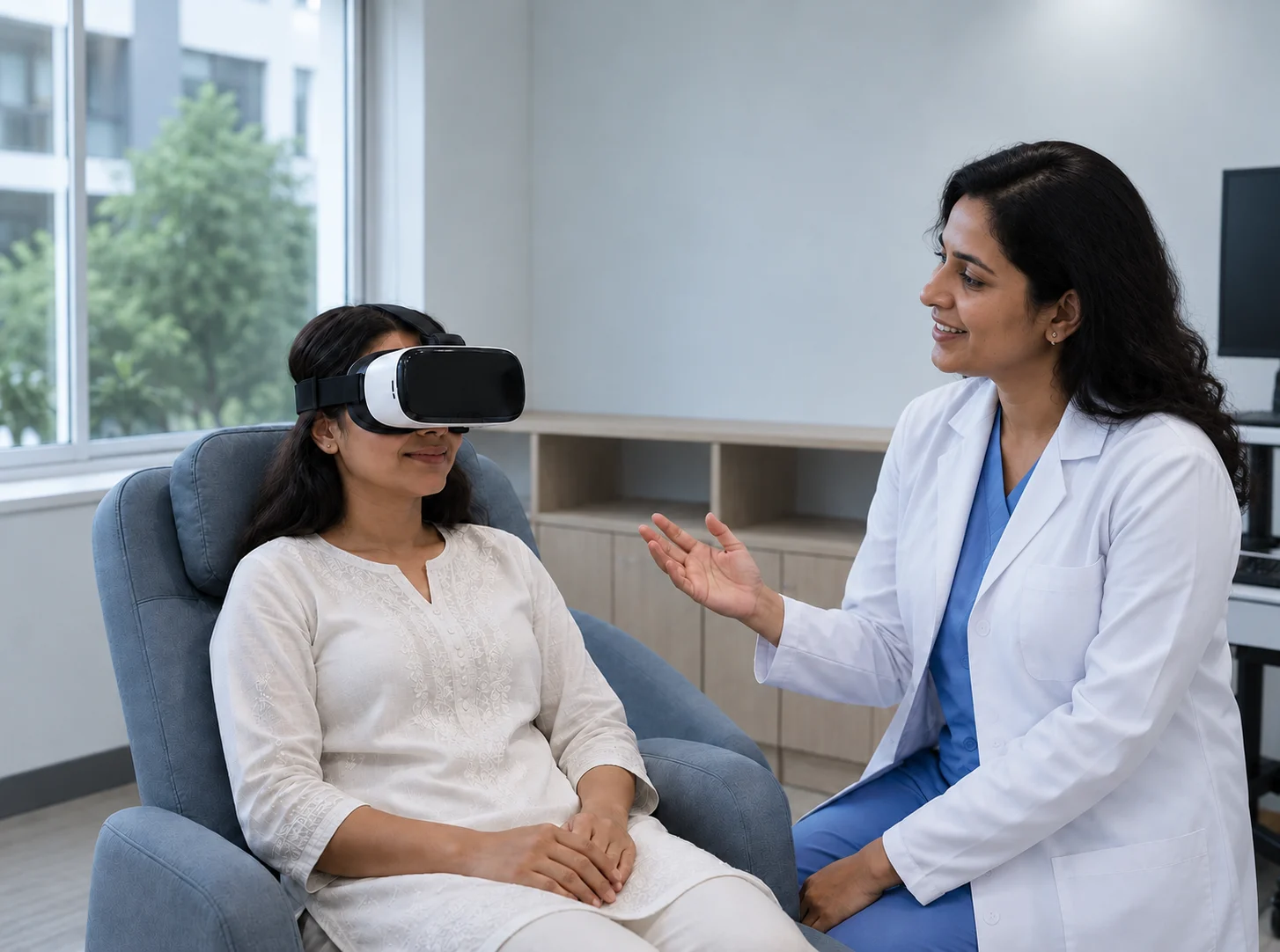 A resident in a guided virtual-reality therapy session
